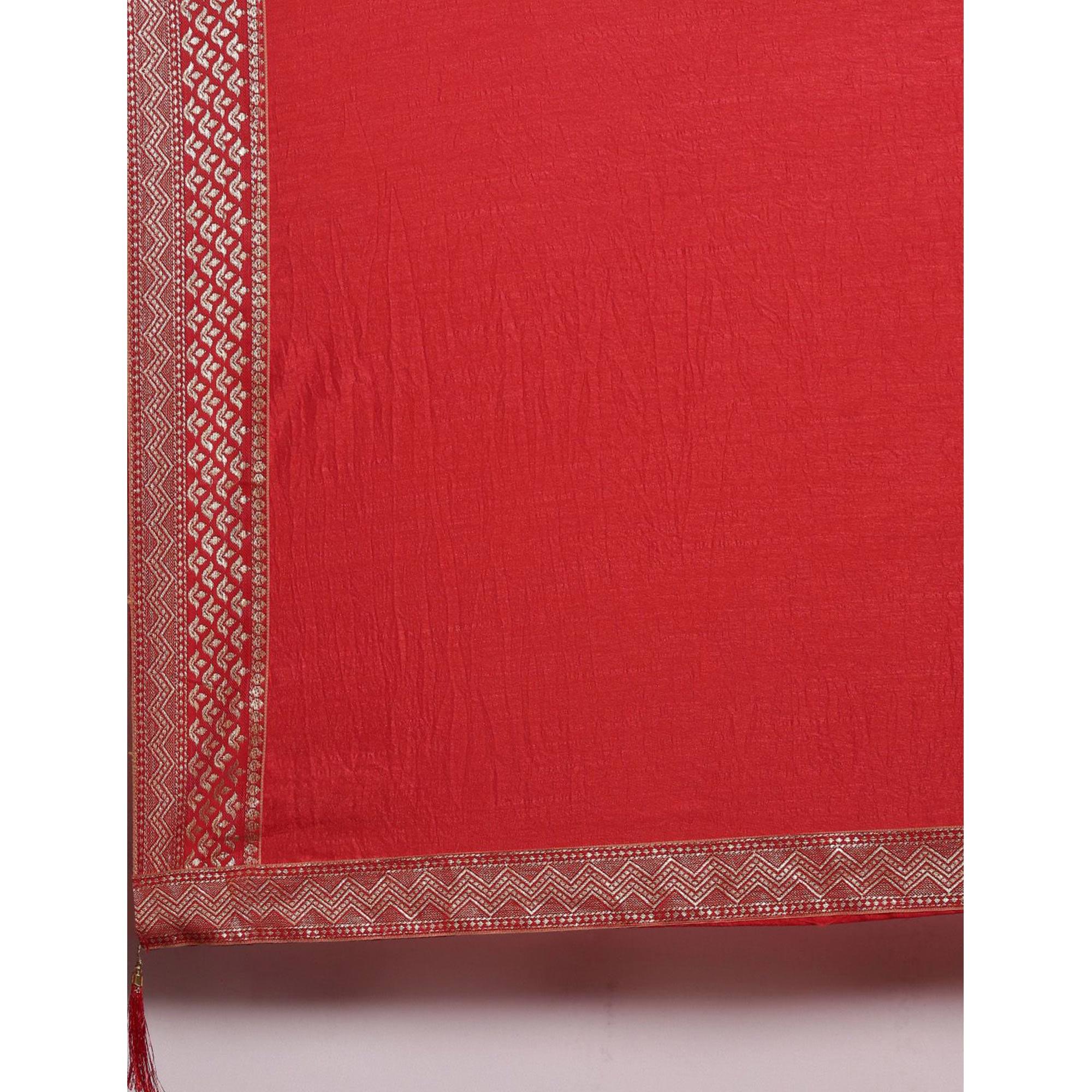 Red Solid With Woven Border Vichitra Silk Saree - Peachmode