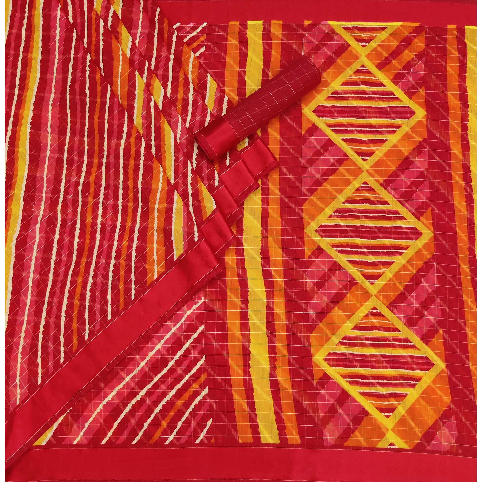 Red Stripe Printed Linen Saree - Peachmode
