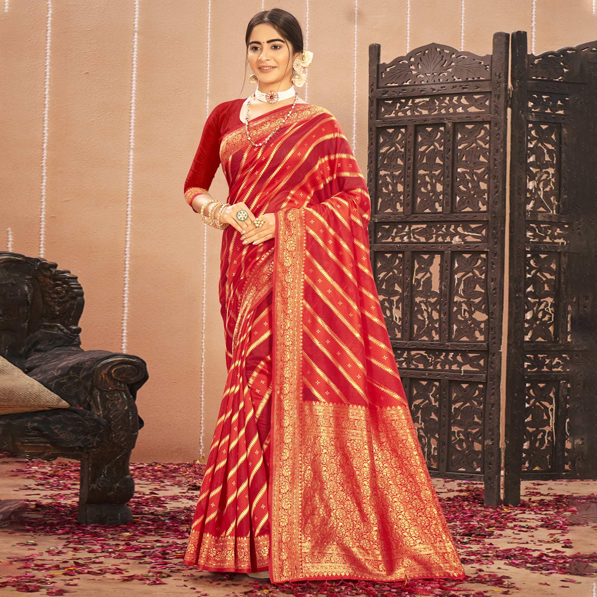 Red Stripe With Woven Art Silk Saree - Peachmode