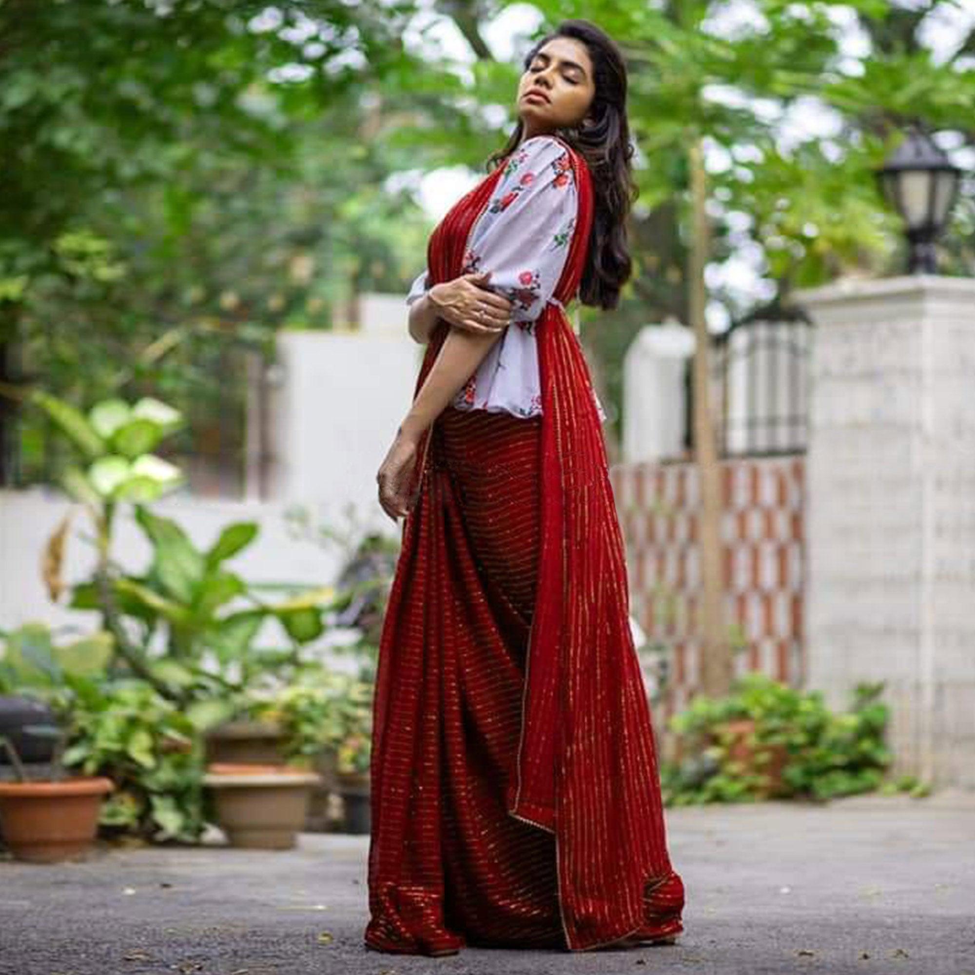 Red Striped Pattern Chanderi Silk Saree - Peachmode