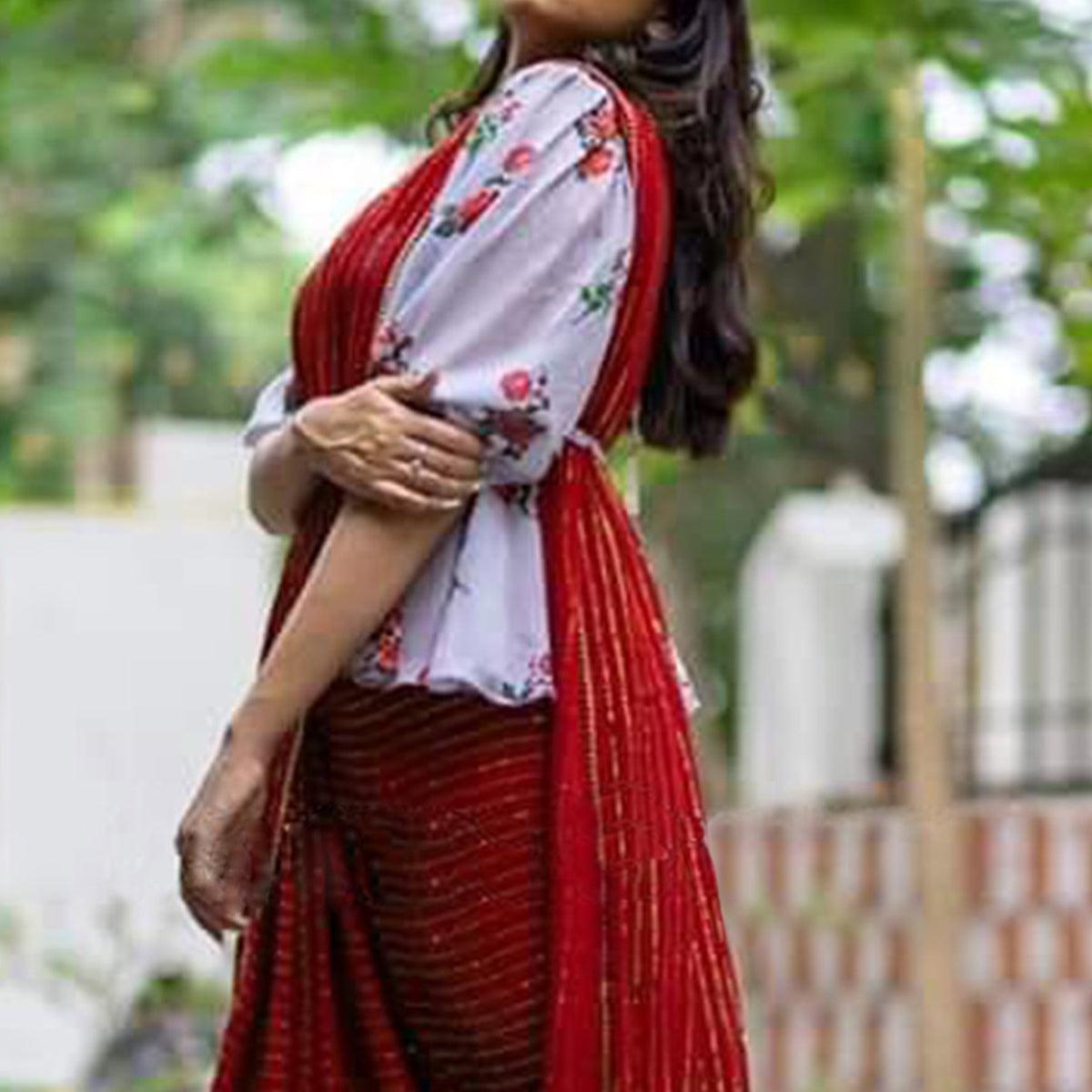 Red Striped Pattern Chanderi Silk Saree - Peachmode