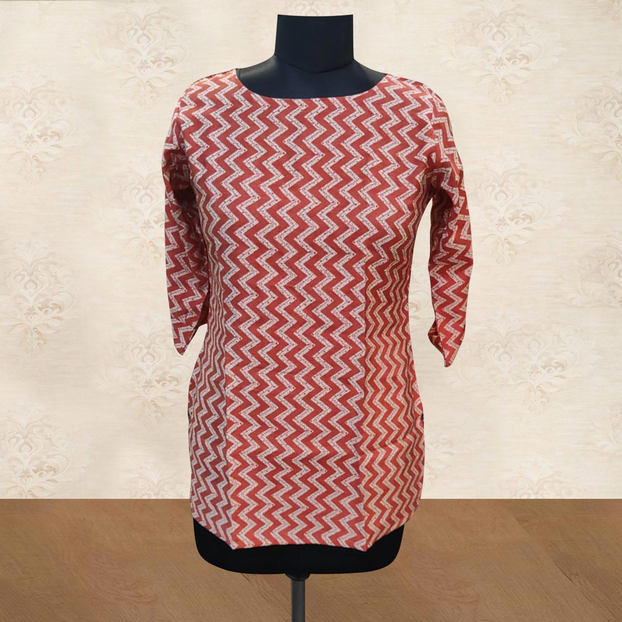 Red Striped Printed Chanderi Top - Peachmode