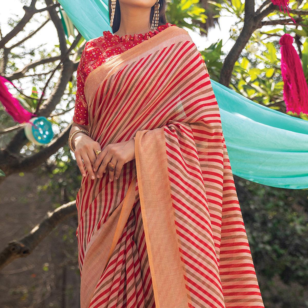 Red Striped Printed Cotton Saree With Tassels - Peachmode