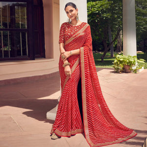 Red Striped Printed Georgette Saree - Peachmode