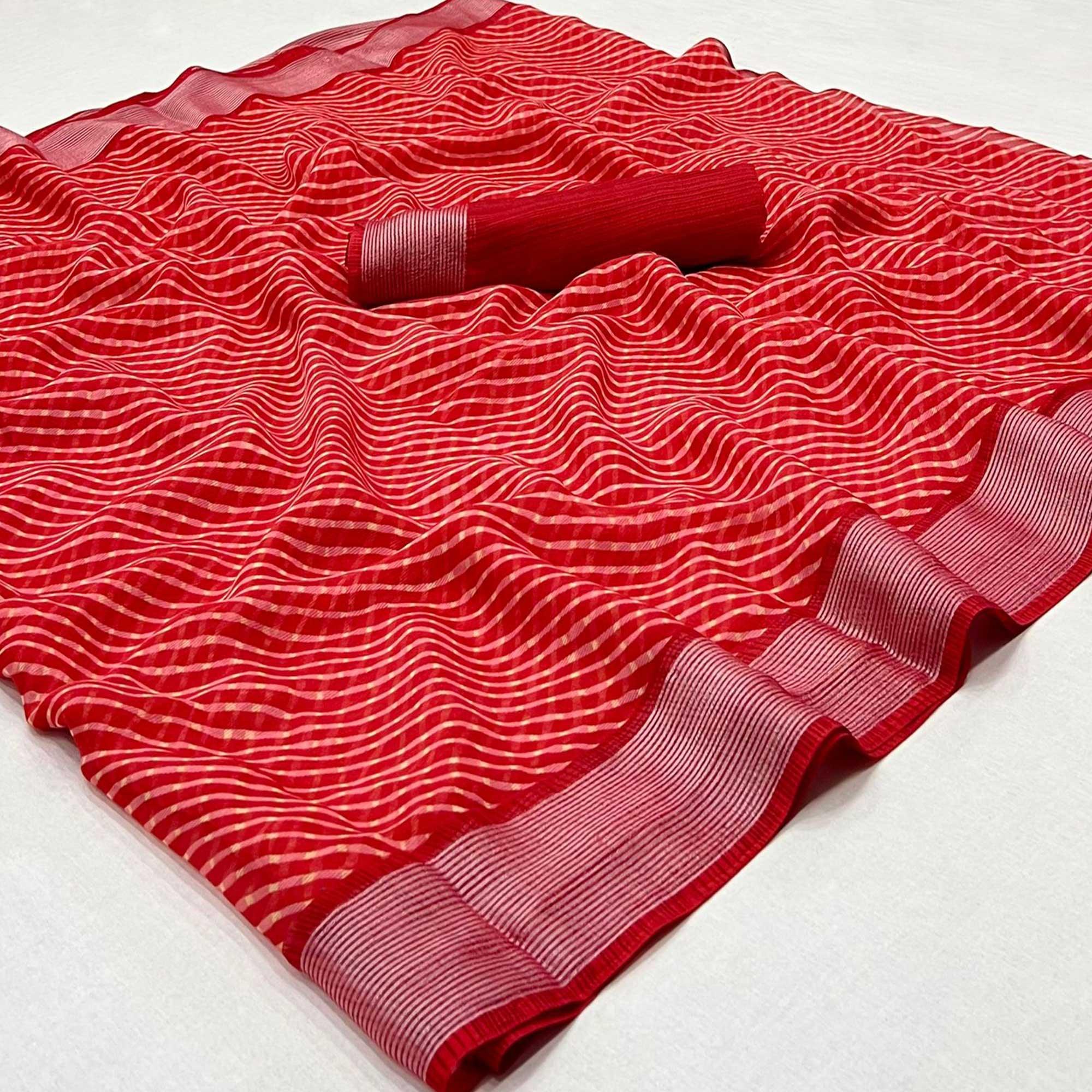 Red Stripes Printed Chiffon Saree - Peachmode