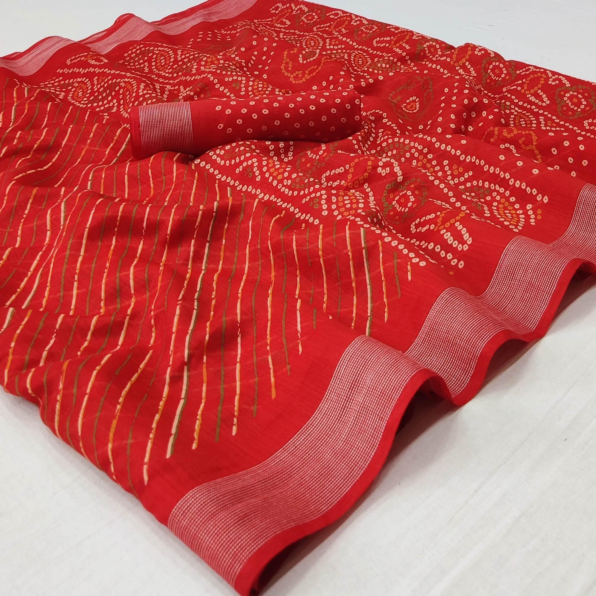 Red Stripes Printed Poly Cotton Saree - Peachmode