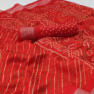 Red Stripes Printed Poly Cotton Saree - Peachmode