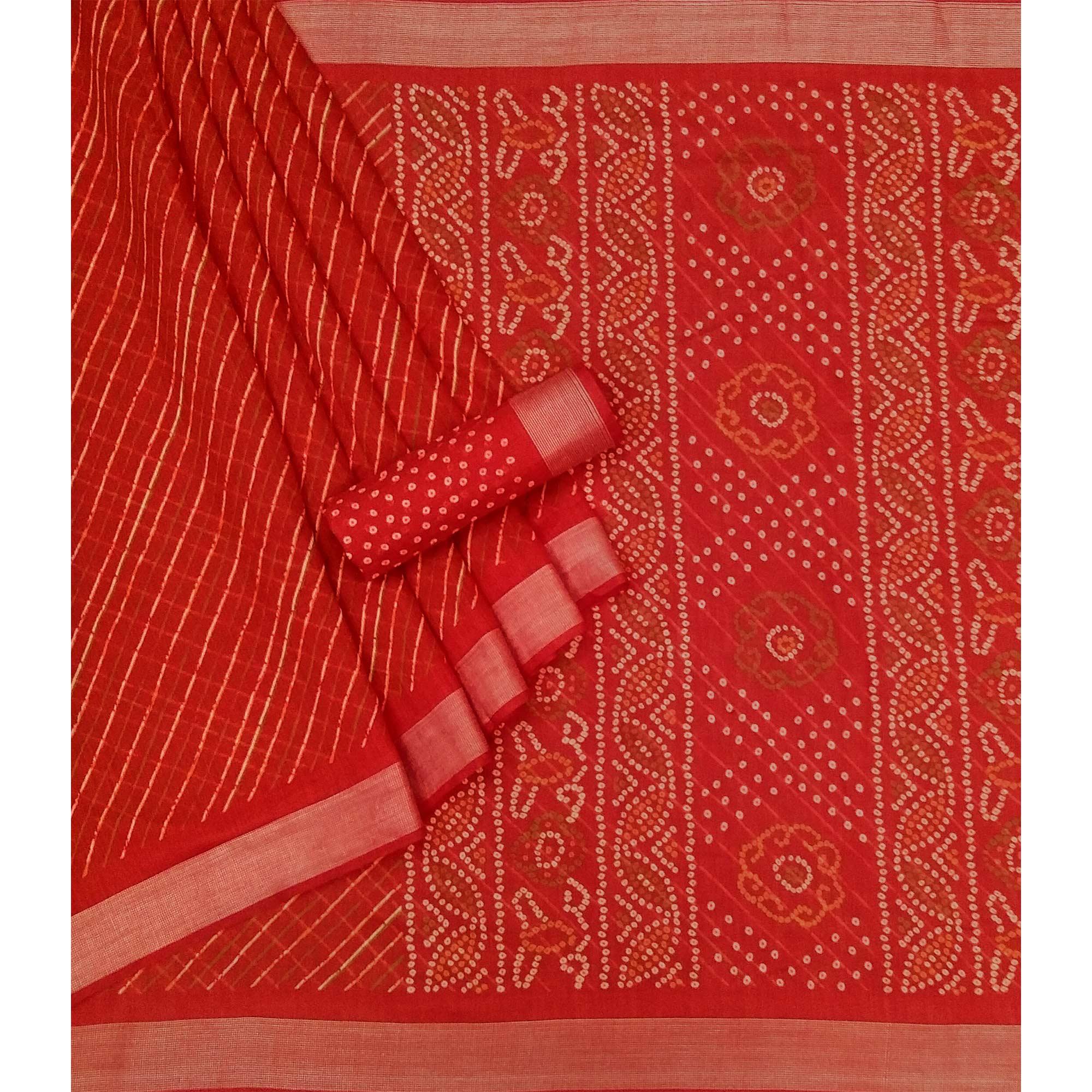 Red Stripes Printed Poly Cotton Saree - Peachmode