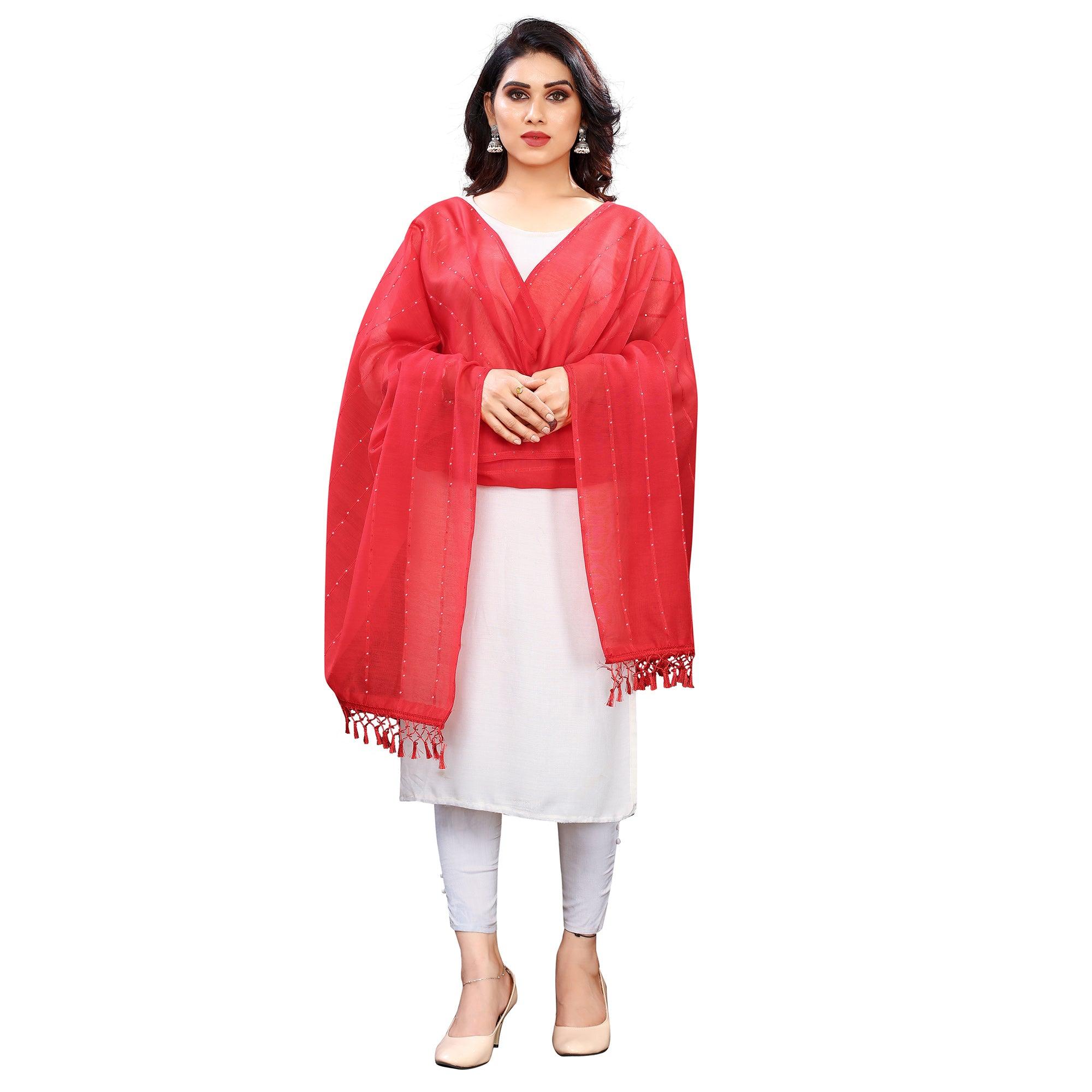 Red Stripes Woven Sequence Festive Wear Cotton Silk Dupatta - Peachmode