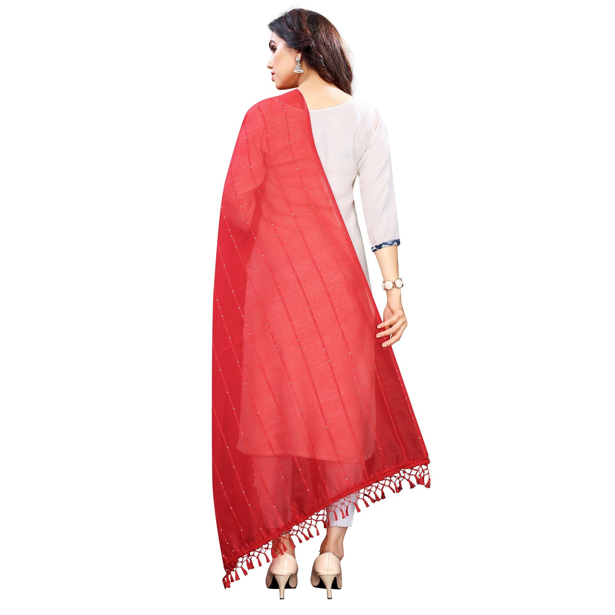 Red Stripes Woven Sequence Festive Wear Cotton Silk Dupatta - Peachmode
