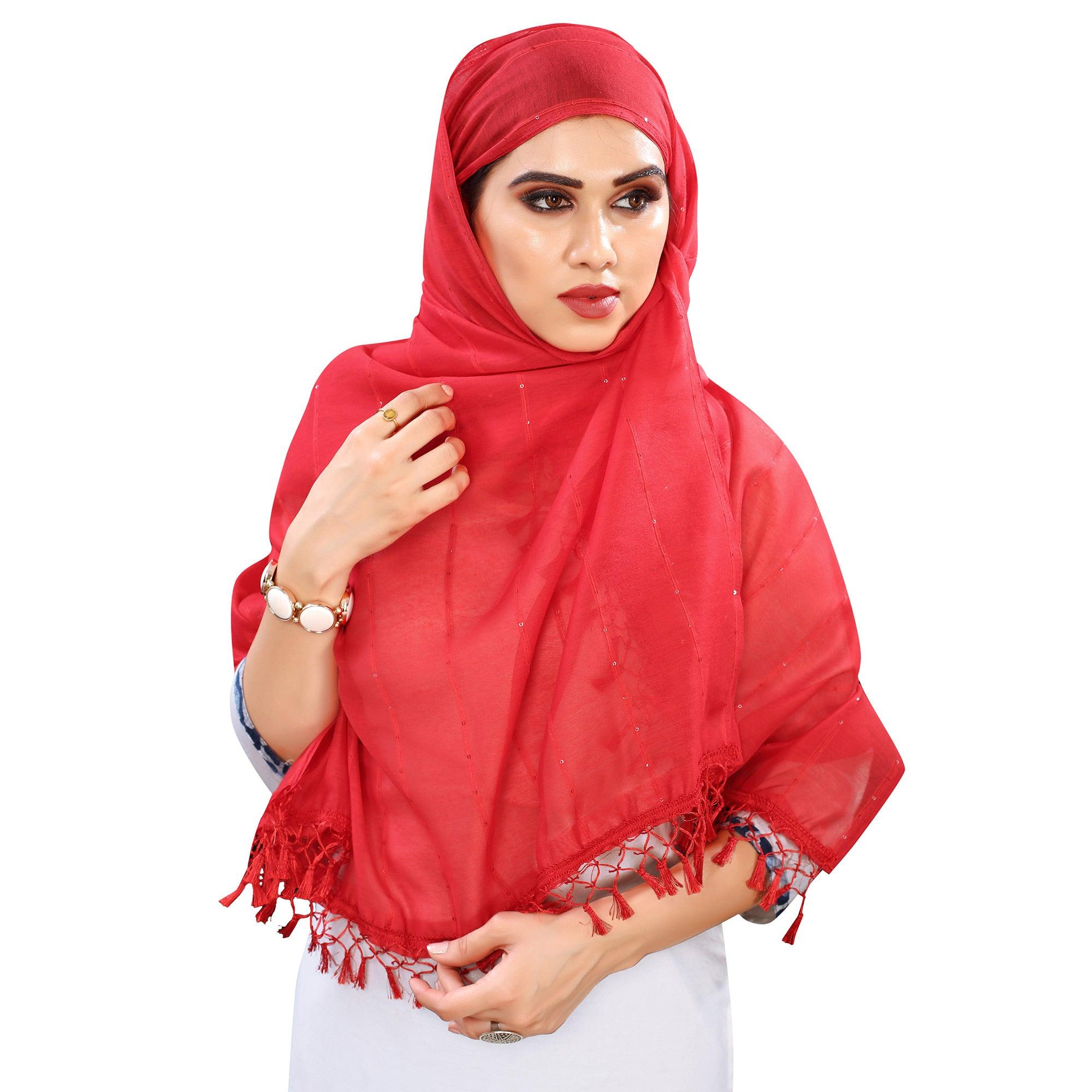 Red Stripes Woven Sequence Festive Wear Cotton Silk Dupatta - Peachmode