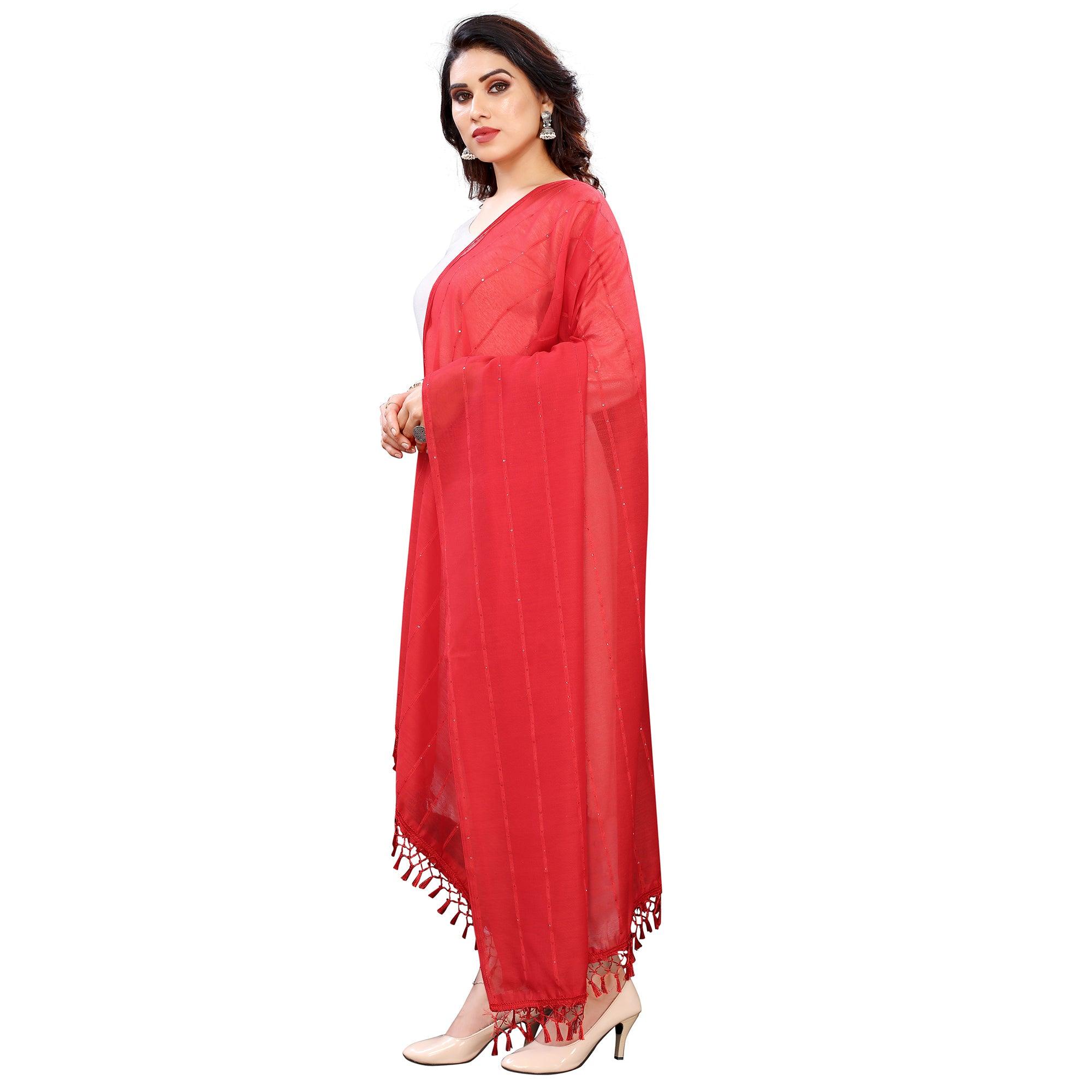 Red Stripes Woven Sequence Festive Wear Cotton Silk Dupatta - Peachmode