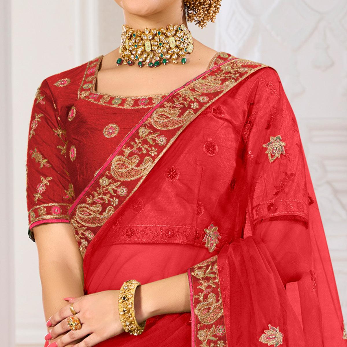 Red Wedding Wear Embroidered Silk Lehenga Choli - Peachmode