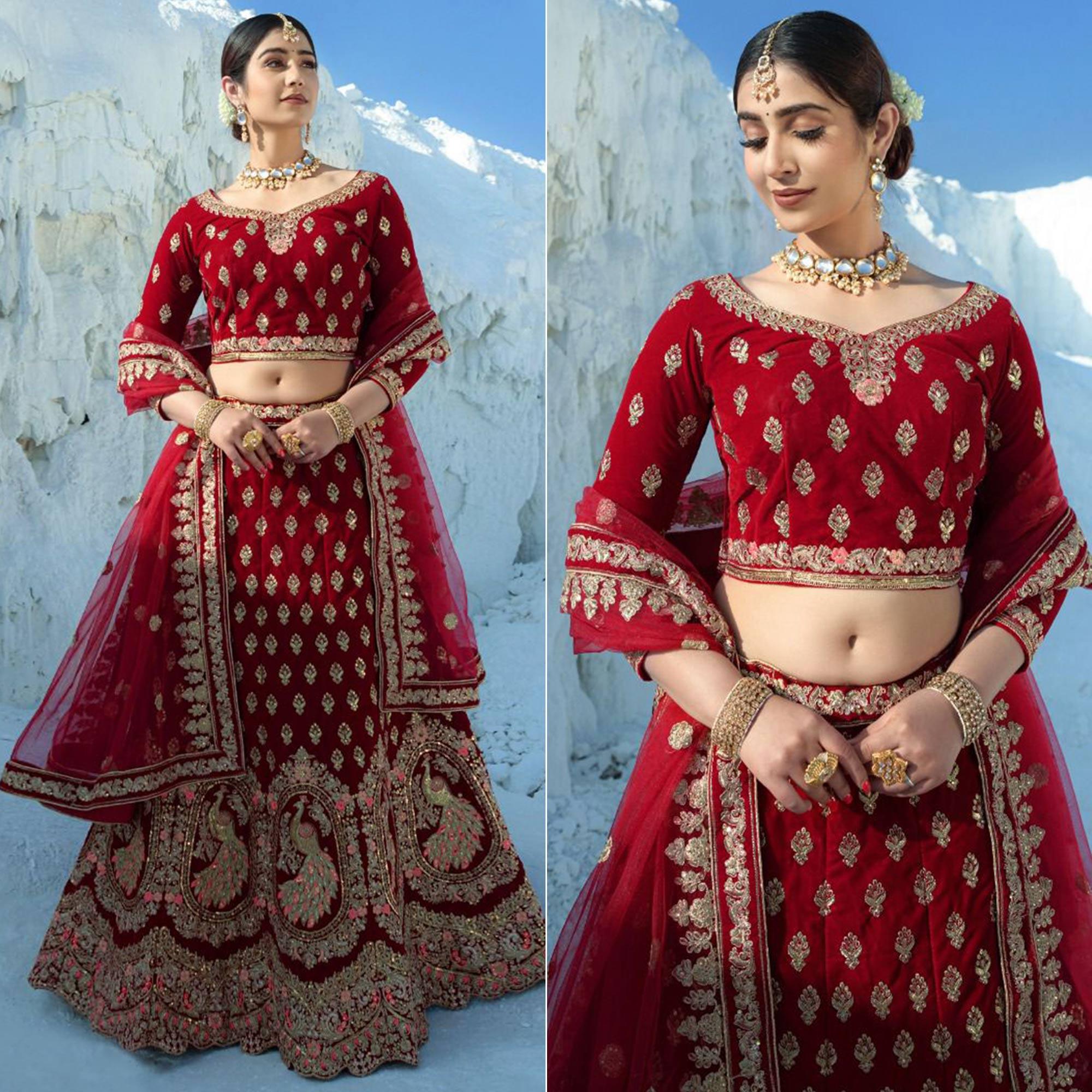 Red Wedding Wear Embroidered Velvet Lehenga Choli - Peachmode