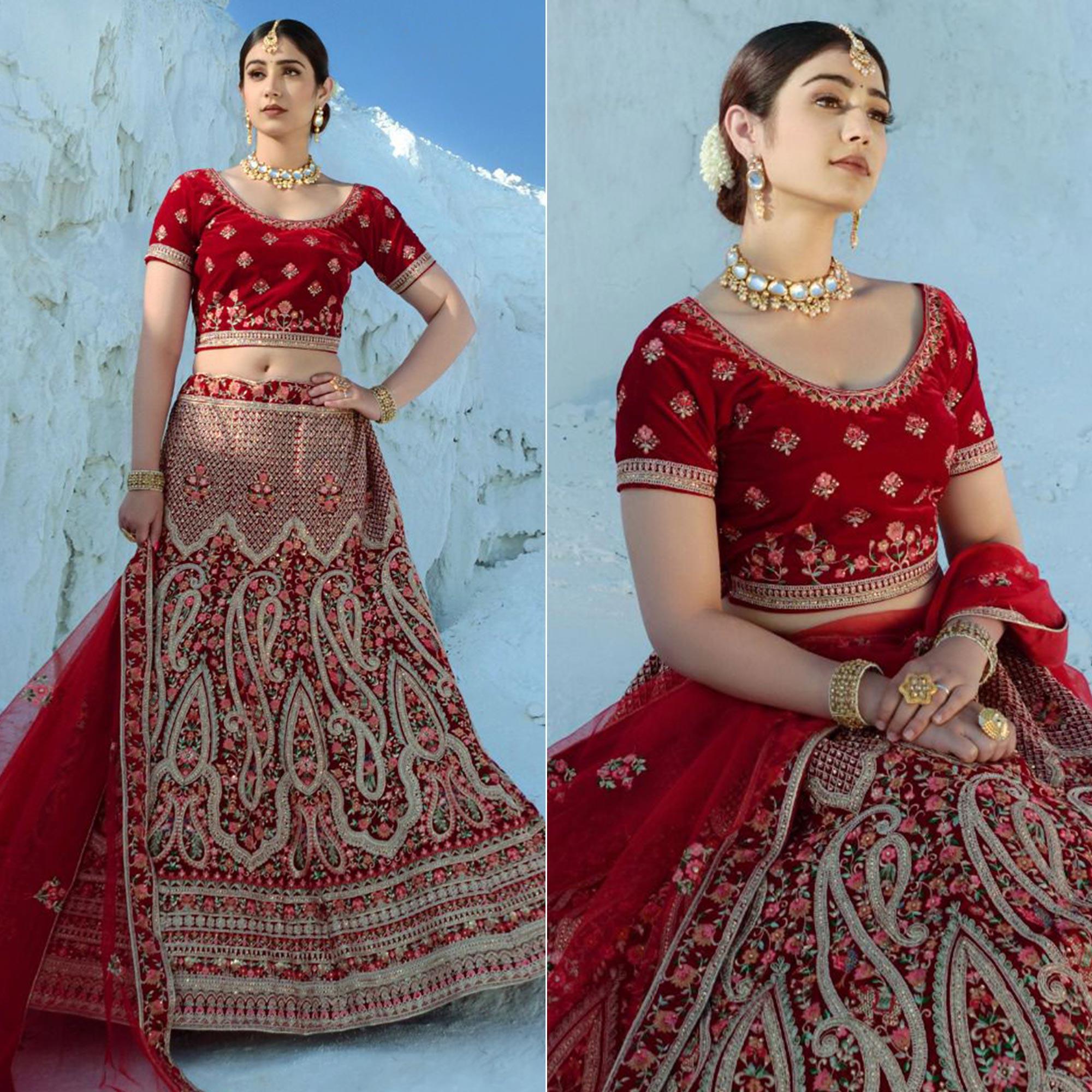 Red Wedding Wear Embroidered Velvet Lehenga Choli - Peachmode