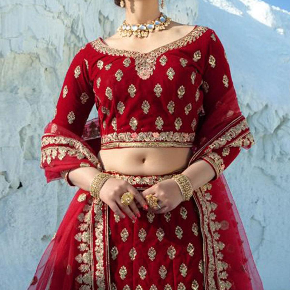 Red Wedding Wear Embroidered Velvet Lehenga Choli - Peachmode