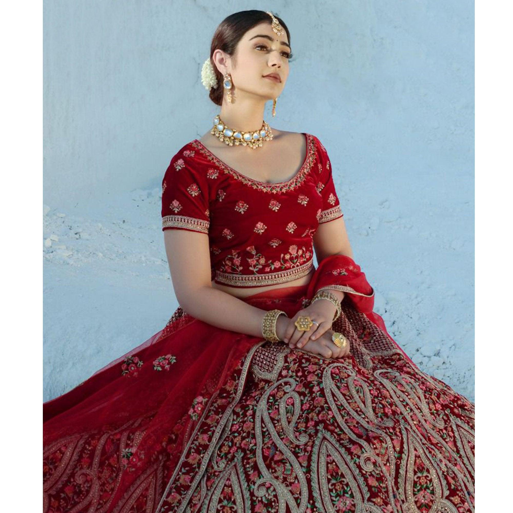 Red Wedding Wear Embroidered Velvet Lehenga Choli - Peachmode