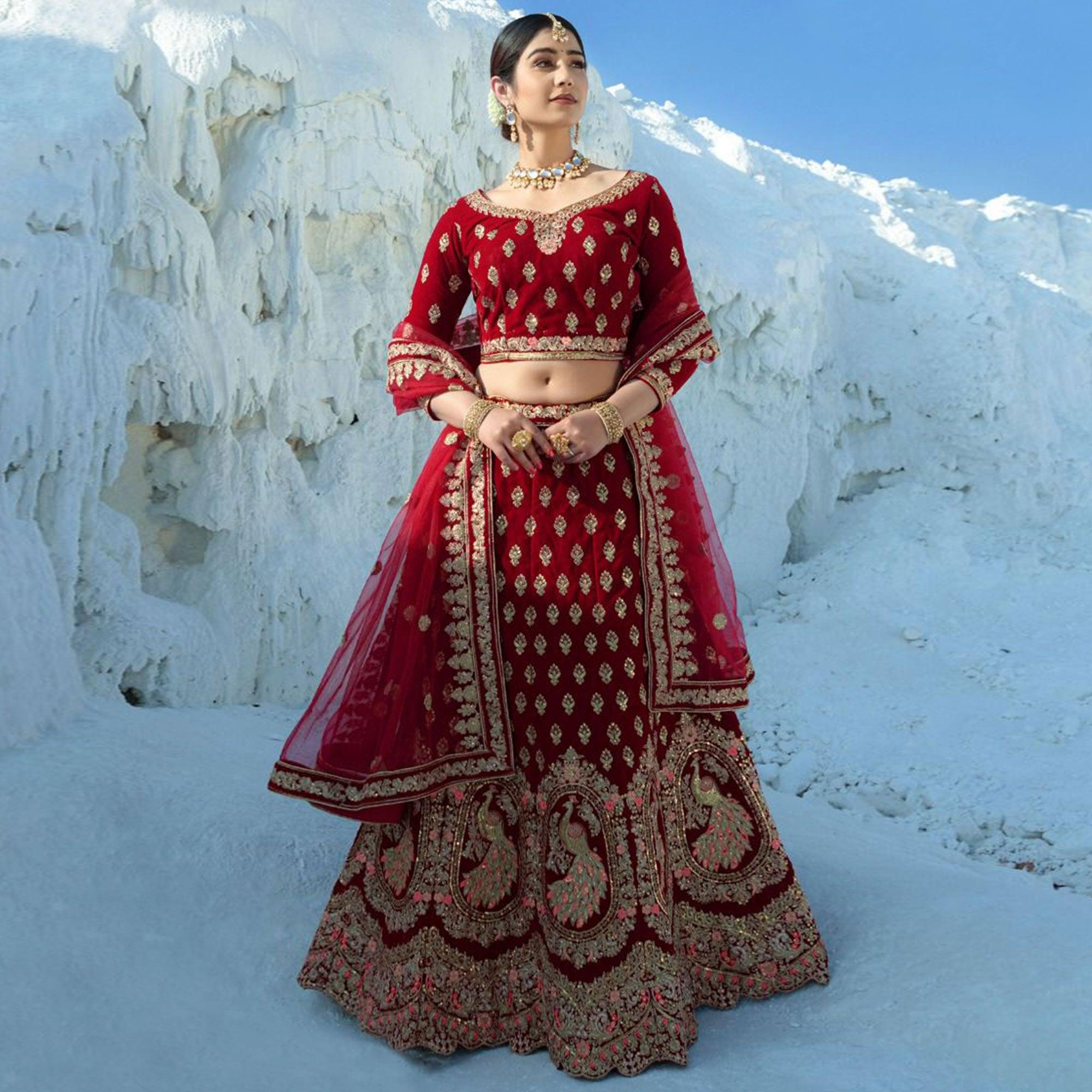 Red Wedding Wear Embroidered Velvet Lehenga Choli - Peachmode