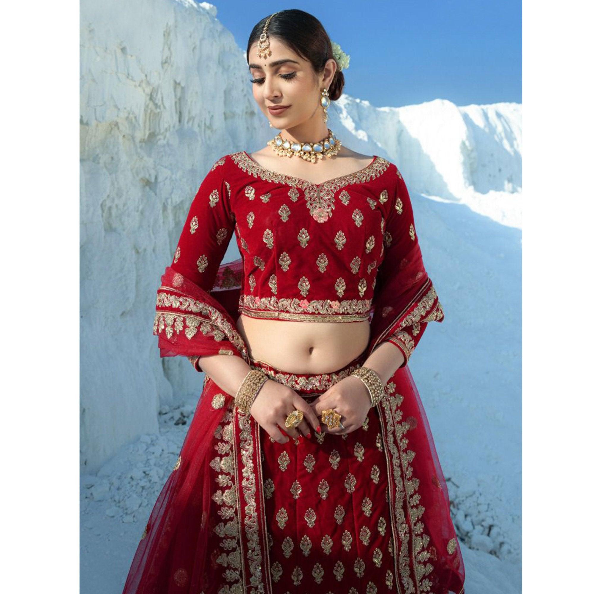 Red Wedding Wear Embroidered Velvet Lehenga Choli - Peachmode