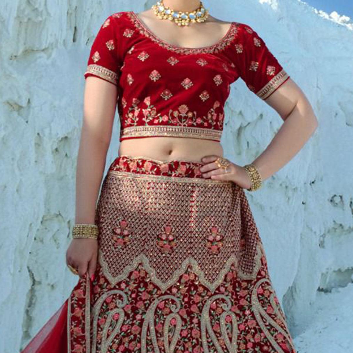 Red Wedding Wear Embroidered Velvet Lehenga Choli - Peachmode