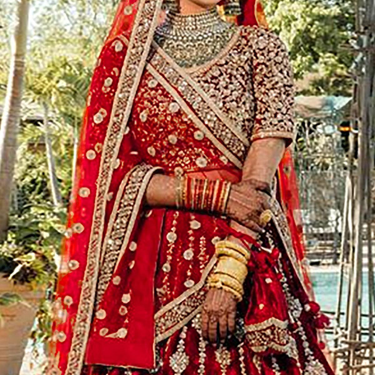 Red Wedding Wear Embroidered With Embellished Velvet Lehenga Choli - Peachmode