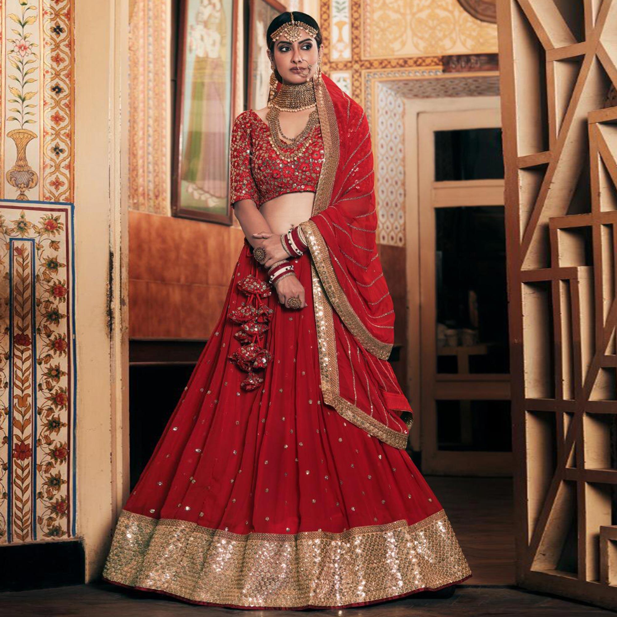 Red Wedding Wear Floral Embroidery With Sequence And Dori Work Georgette Lehenga Choli - Peachmode