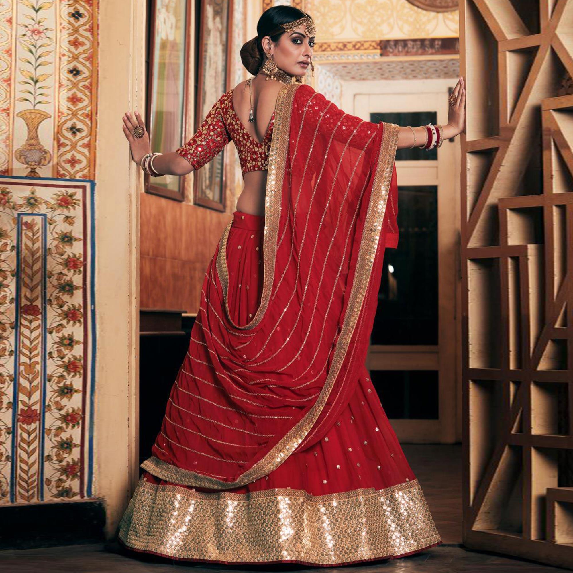 Red Wedding Wear Floral Embroidery With Sequence And Dori Work Georgette Lehenga Choli - Peachmode