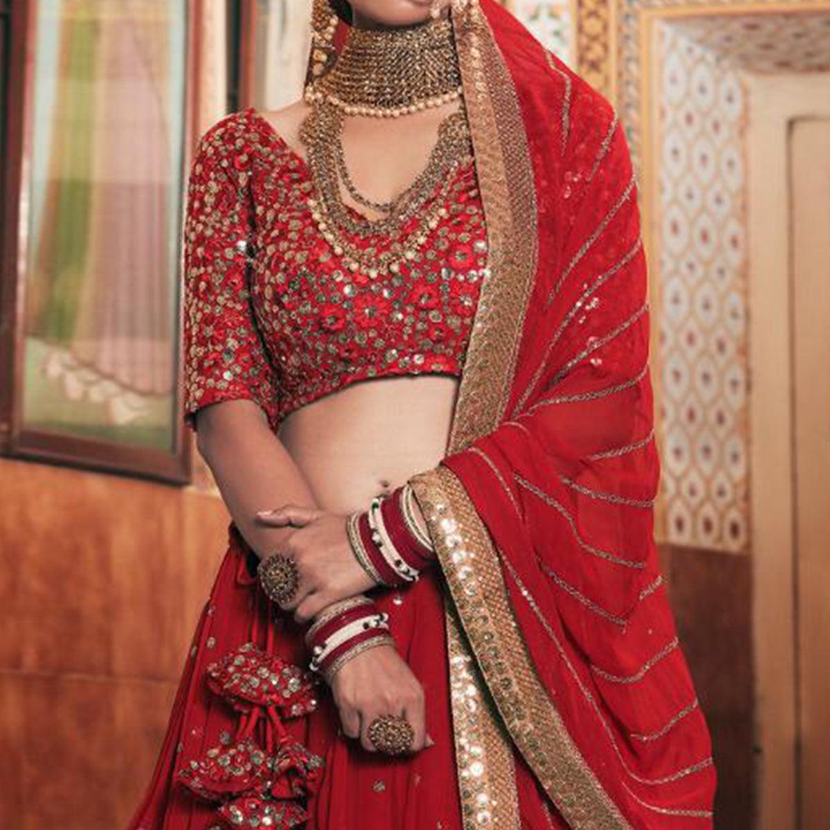 Red Wedding Wear Floral Embroidery With Sequence And Dori Work Georgette Lehenga Choli - Peachmode