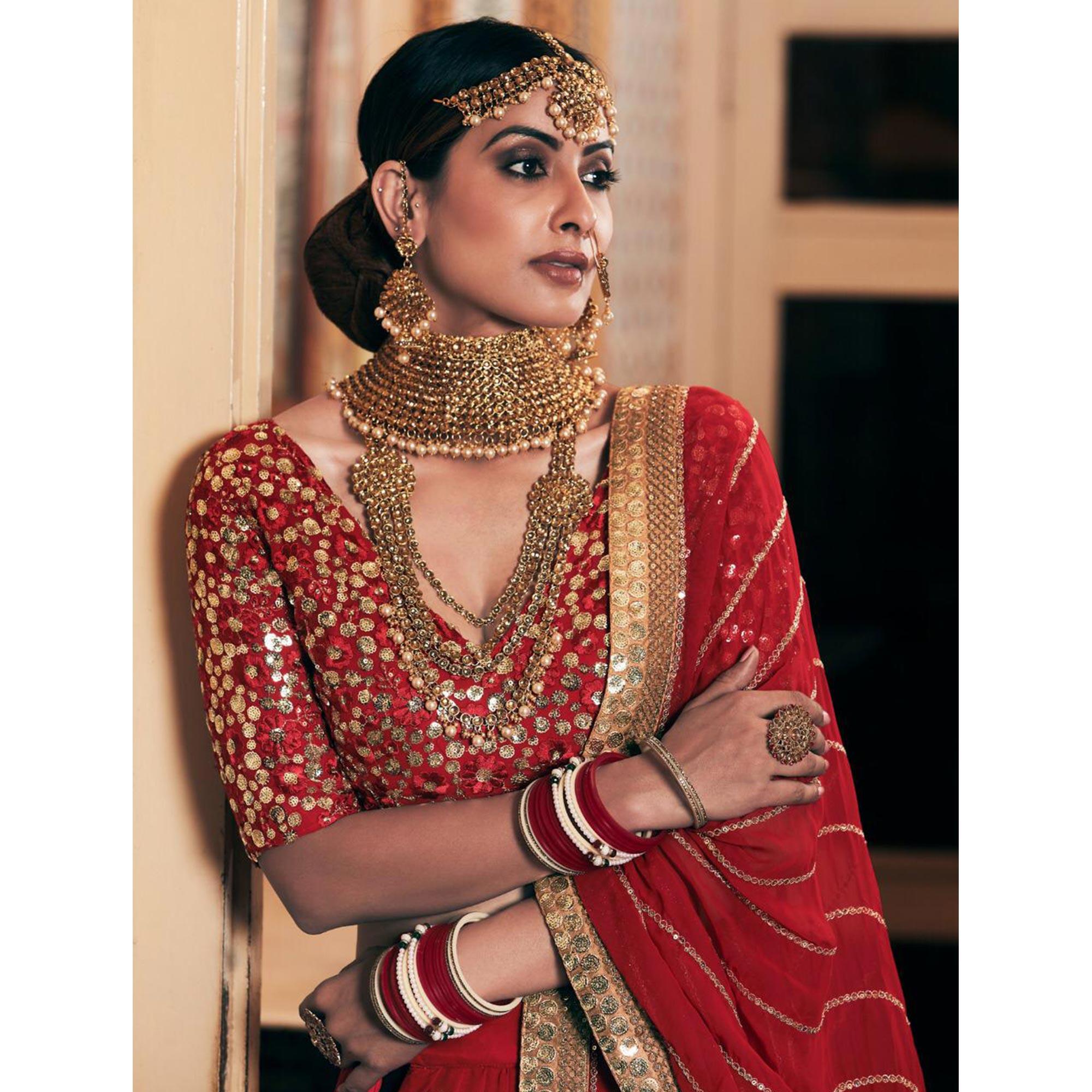 Red Wedding Wear Floral Embroidery With Sequence And Dori Work Georgette Lehenga Choli - Peachmode