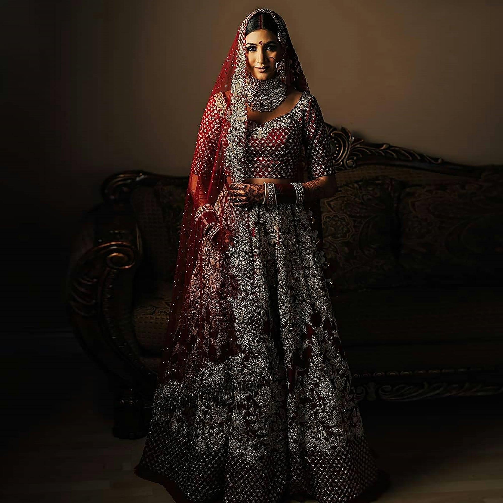 Red Wedding Wear Floral Heavy Embroidered With Embellished Velvet Lehenga Choli - Peachmode