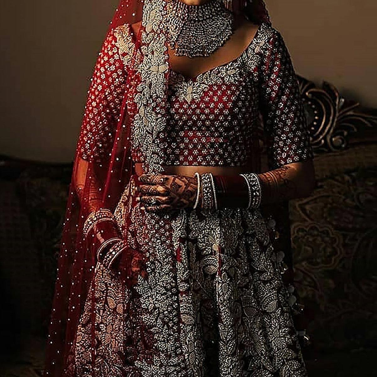 Red Wedding Wear Floral Heavy Embroidered With Embellished Velvet Lehenga Choli - Peachmode