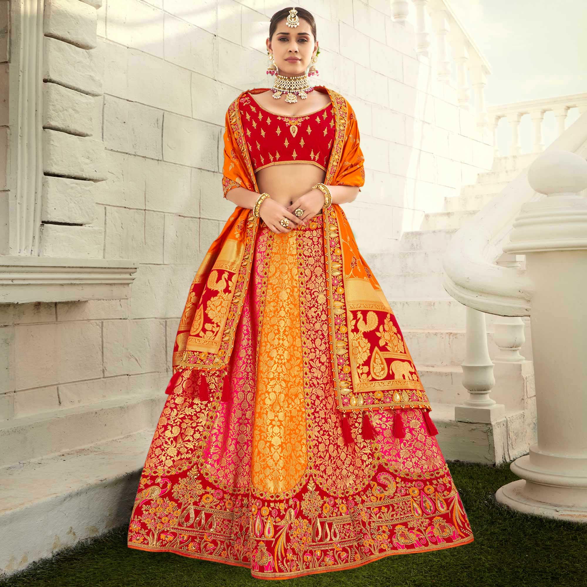 Red Wedding Wear Heavy Embroidered Banarasi Silk Lehenga Choli - Peachmode