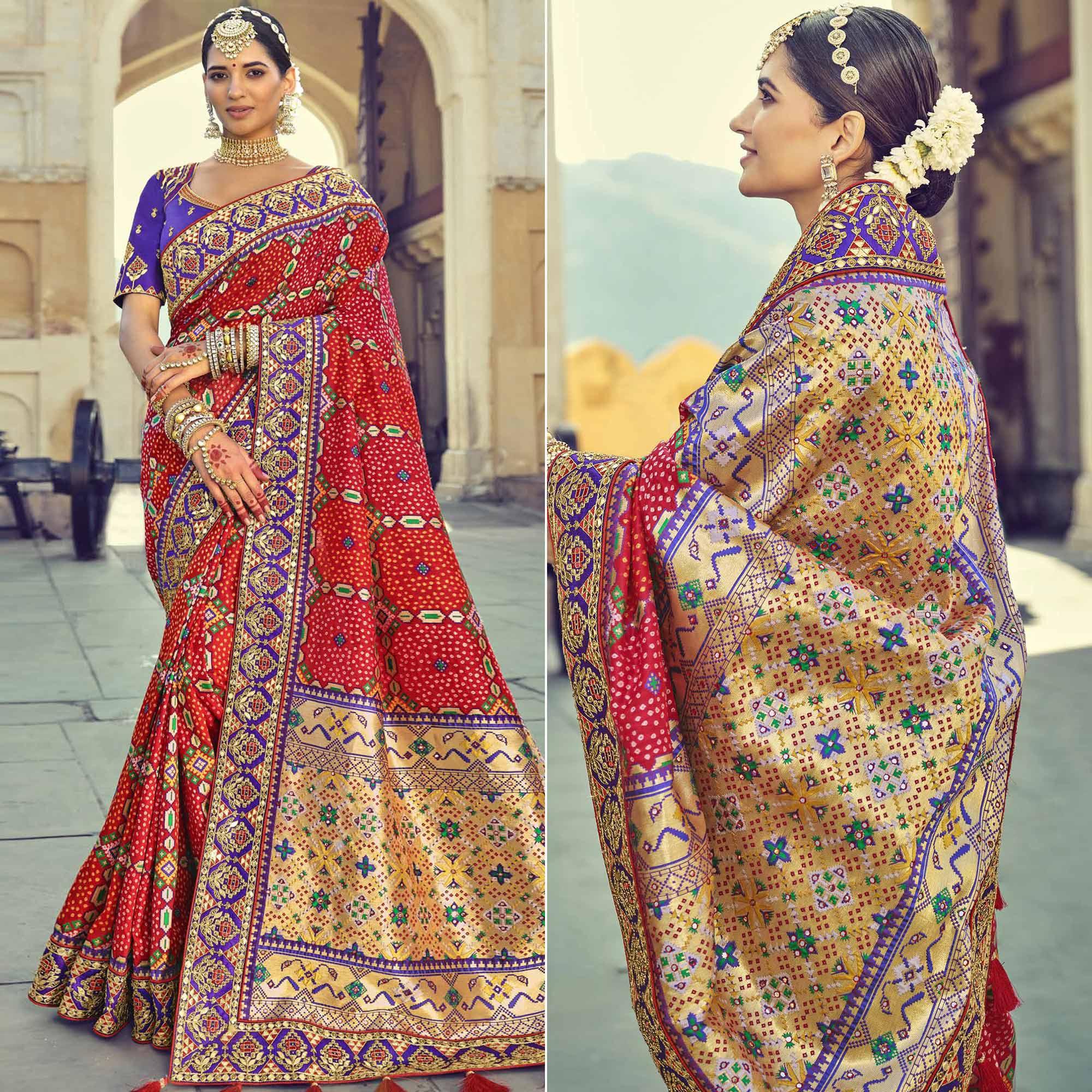 Red Wedding Wear Resham With Embellished Silk Bhandhani Patola Saree - Peachmode