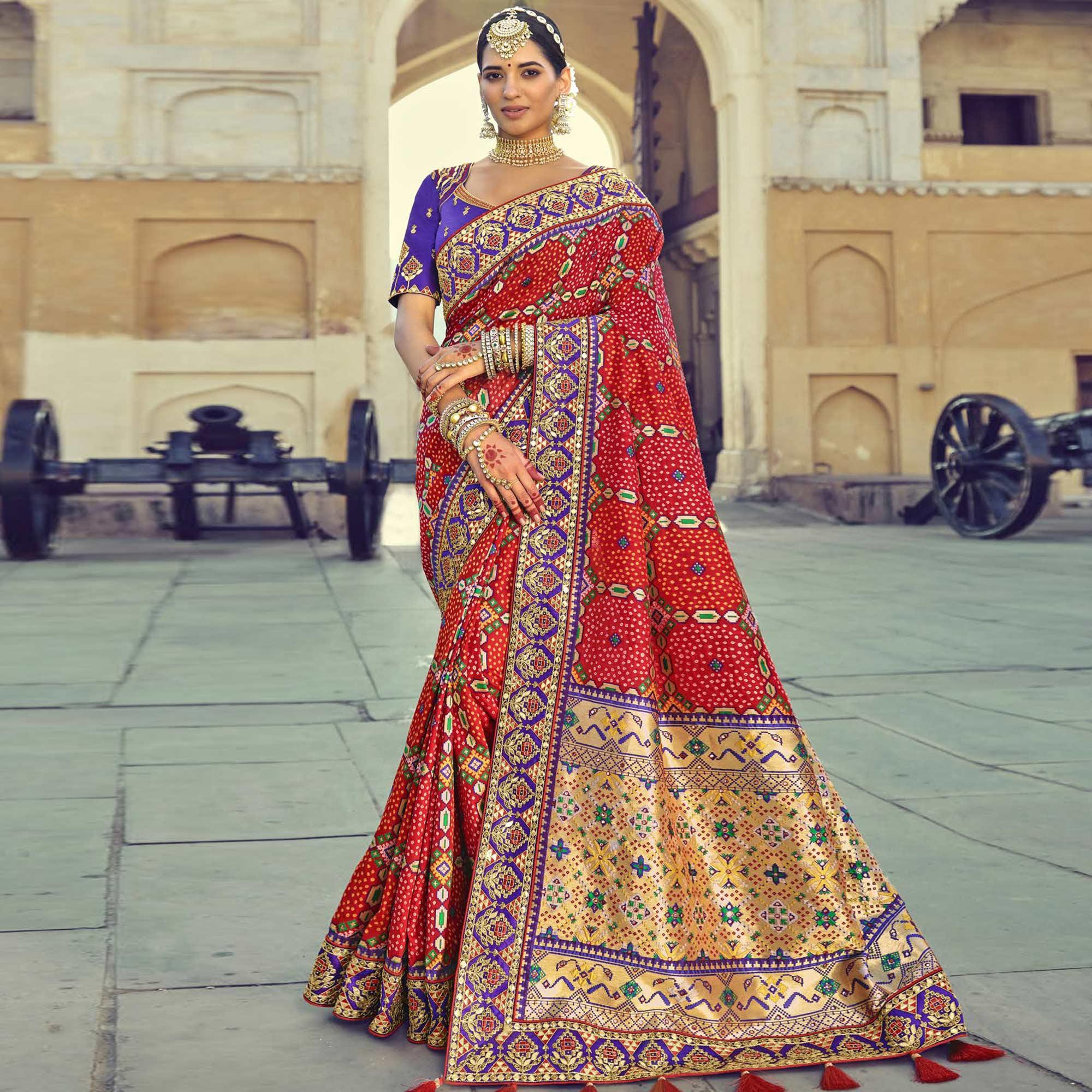 Red Wedding Wear Resham With Embellished Silk Bhandhani Patola Saree - Peachmode