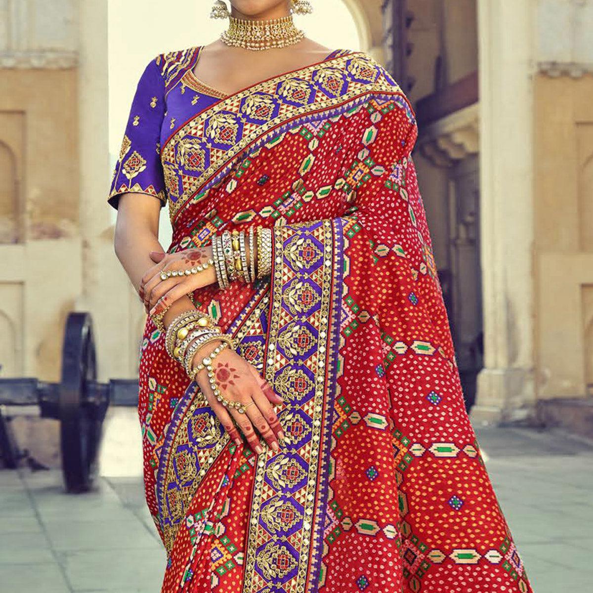 Red Wedding Wear Resham With Embellished Silk Bhandhani Patola Saree - Peachmode