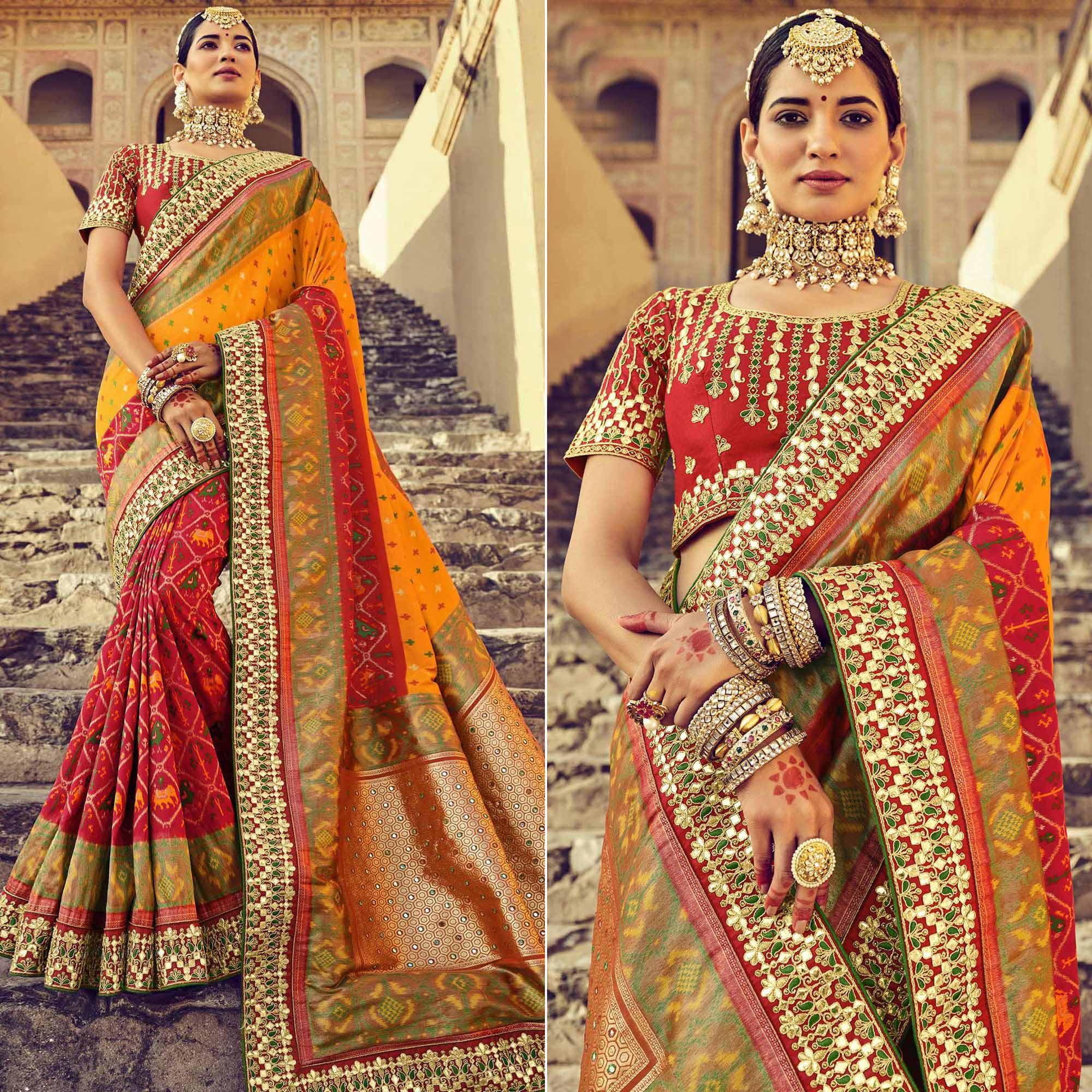 Red Wedding Wear Resham With Embellished Silk Patola Saree - Peachmode