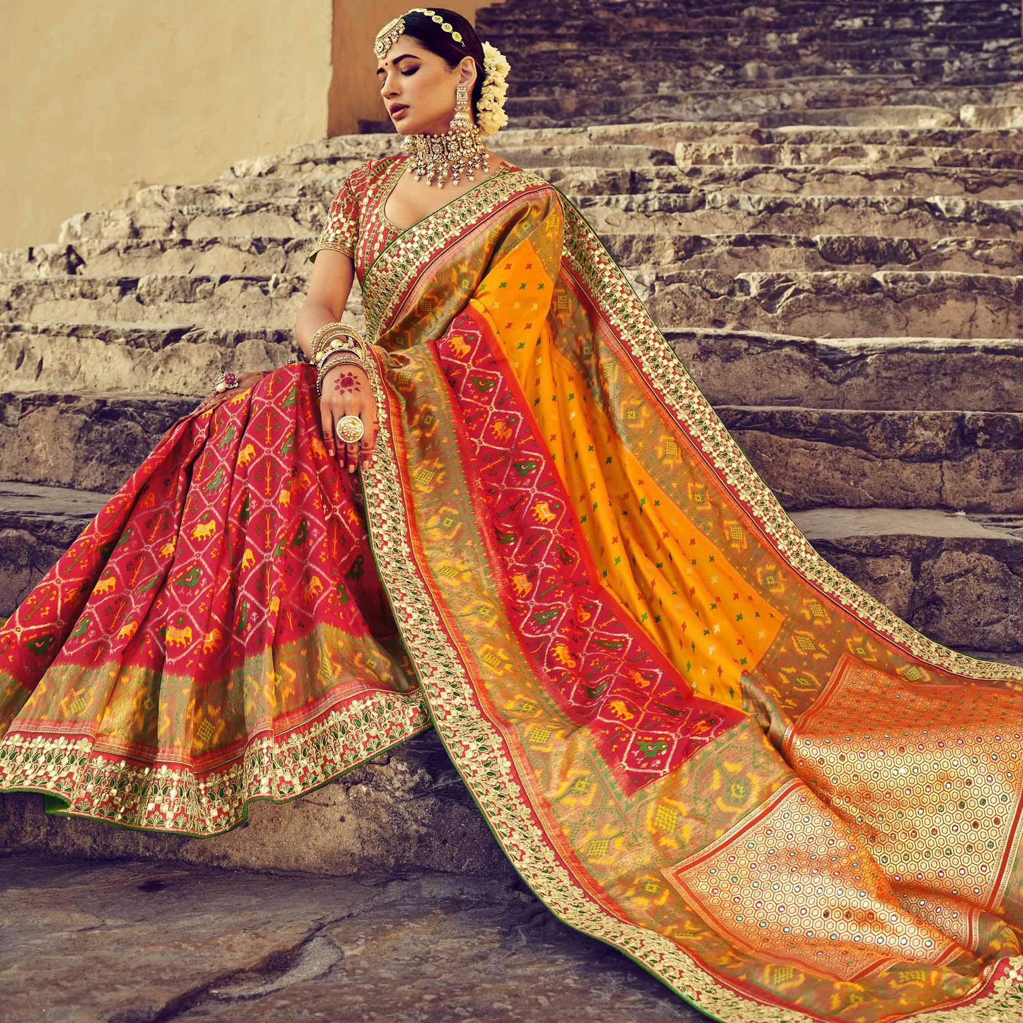 Red Wedding Wear Resham With Embellished Silk Patola Saree - Peachmode