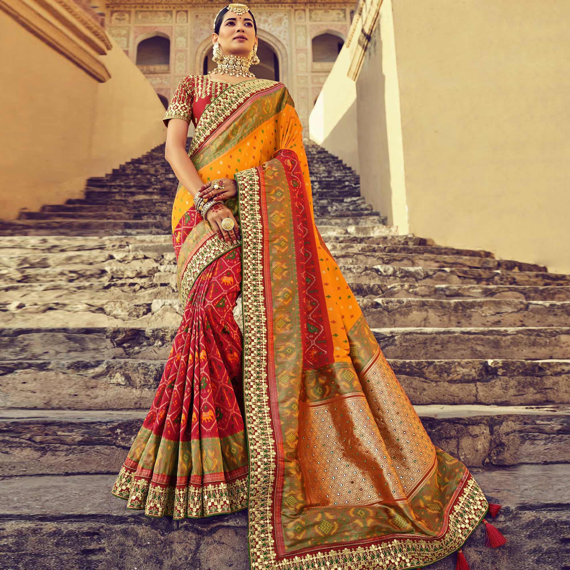 Red Wedding Wear Resham With Embellished Silk Patola Saree - Peachmode