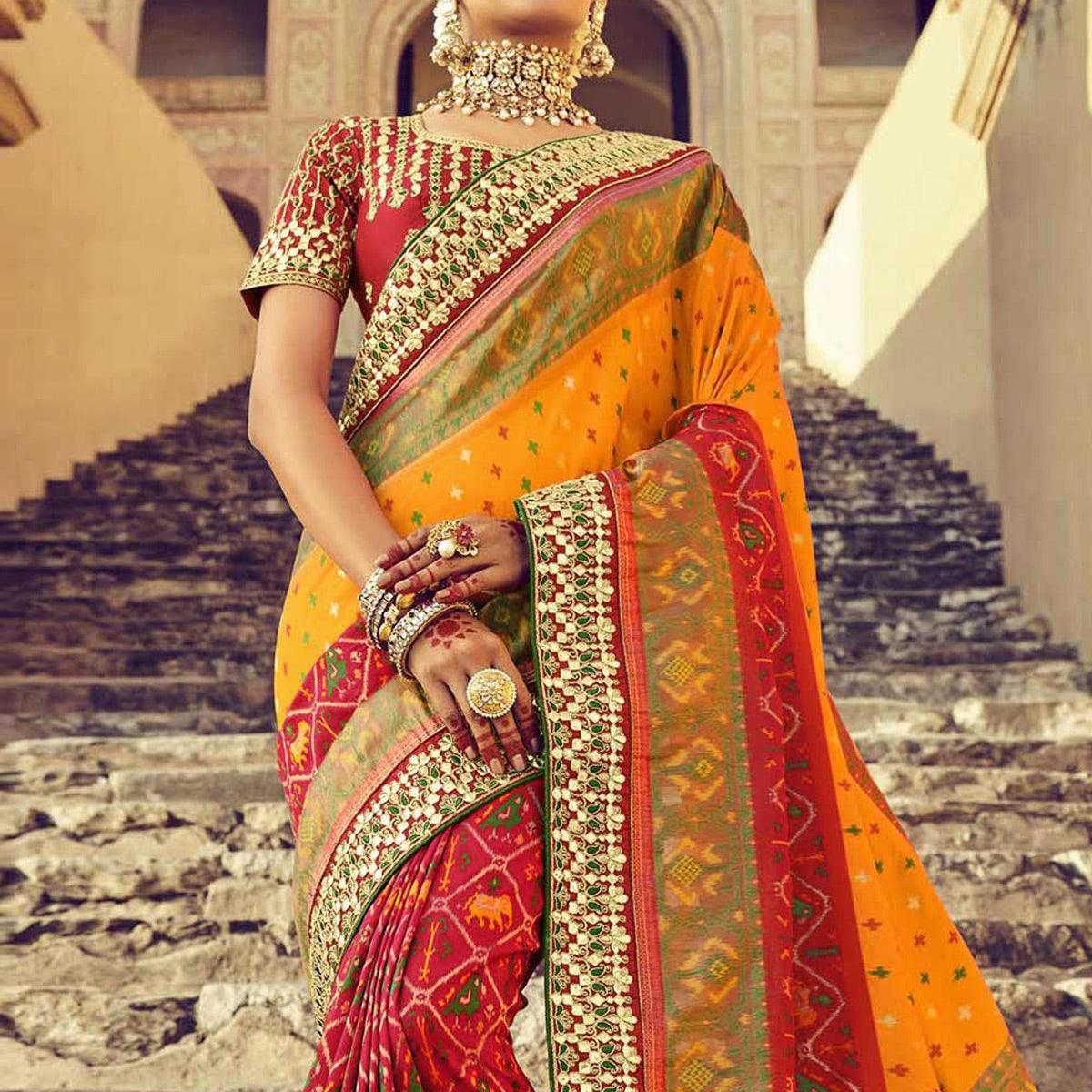 Red Wedding Wear Resham With Embellished Silk Patola Saree - Peachmode