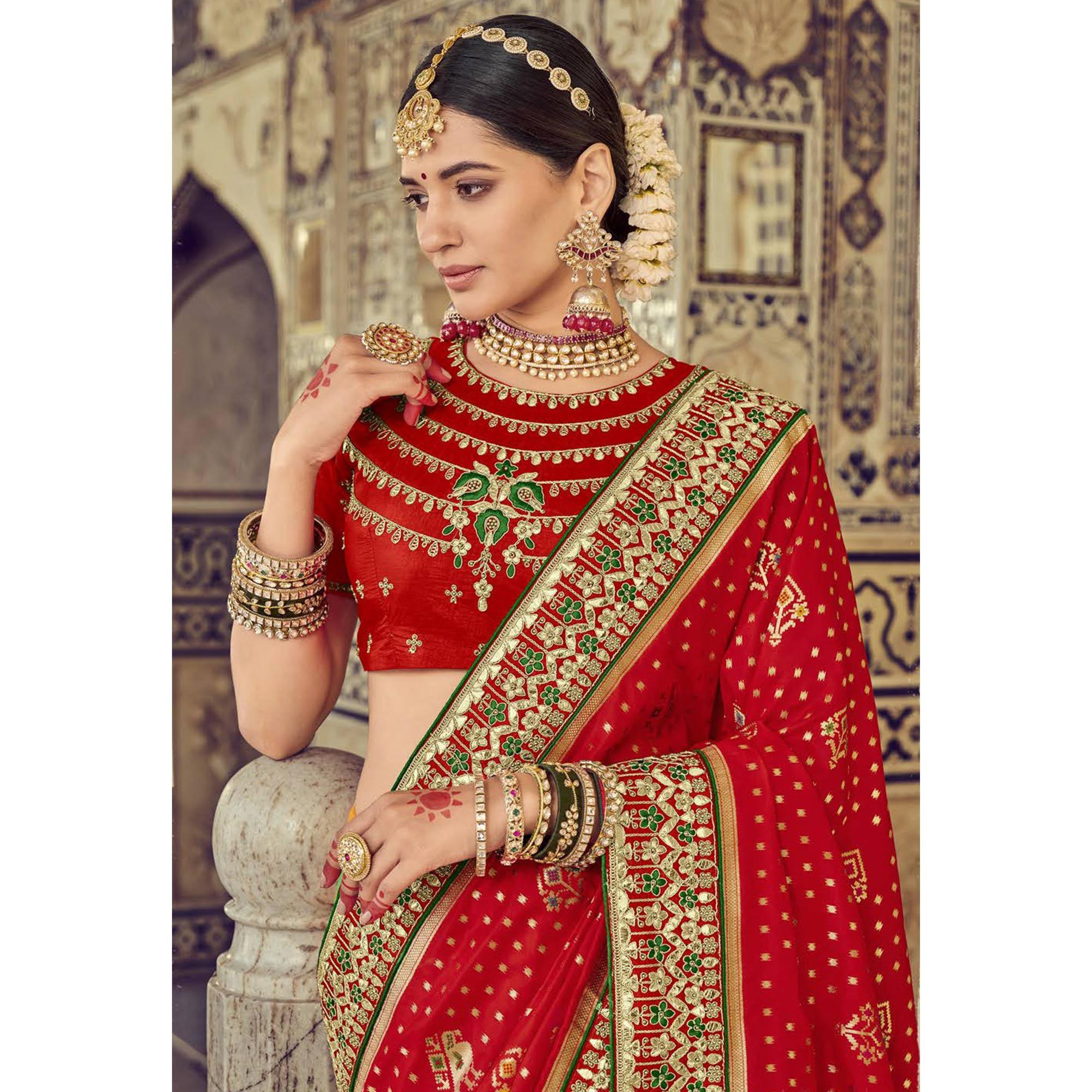 Red Wedding Wear Resham With Embellished Silk Patola Saree - Peachmode