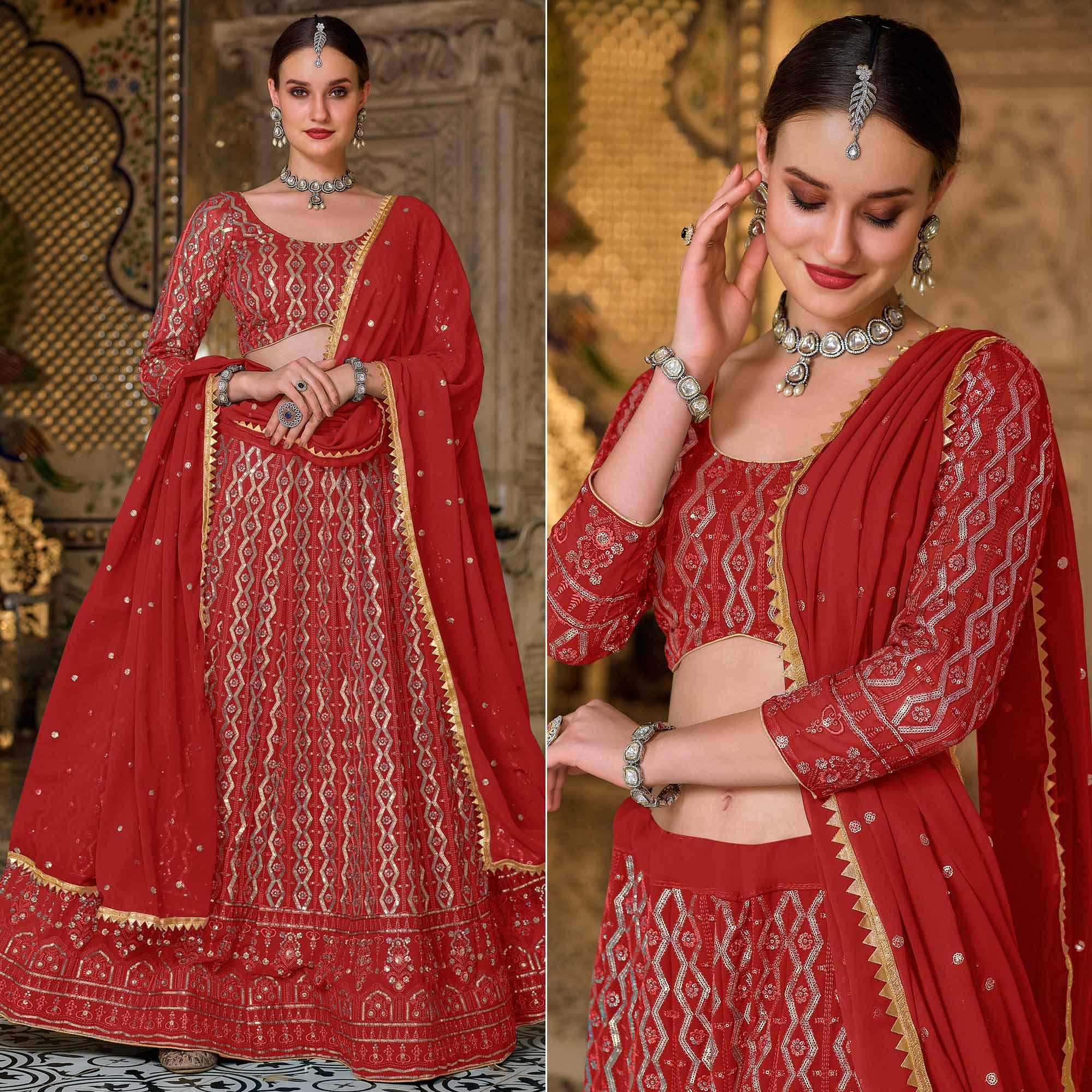 Red Wedding Wear Sequence Embroidered Georgette Lehenga Choli - Peachmode