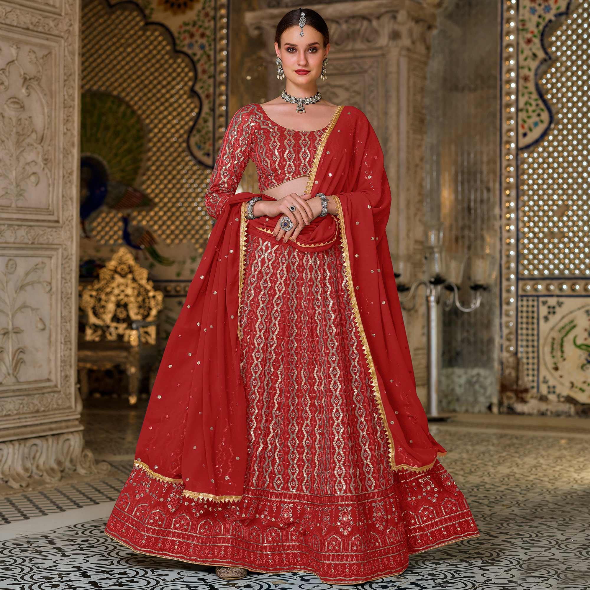 Red Wedding Wear Sequence Embroidered Georgette Lehenga Choli - Peachmode