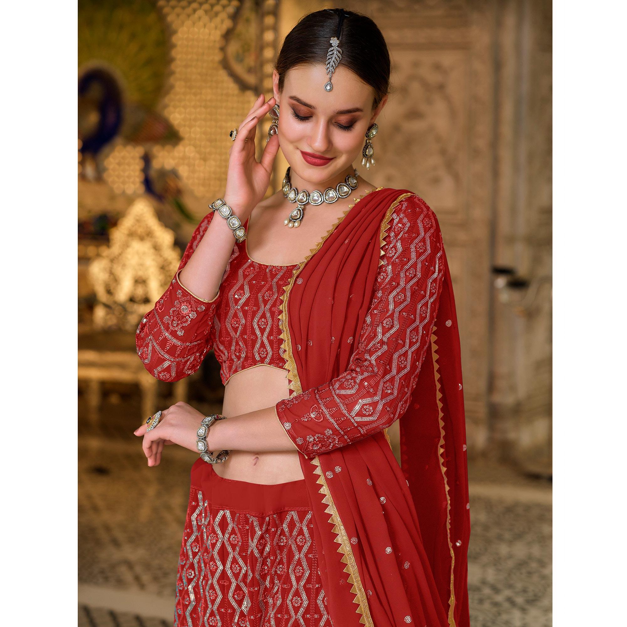 Red Wedding Wear Sequence Embroidered Georgette Lehenga Choli - Peachmode