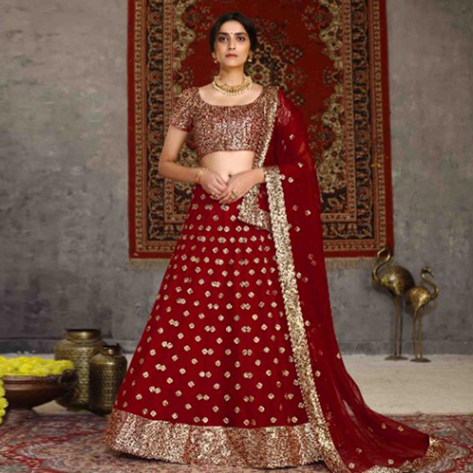 Red Wedding Wear Sequence Embroidered Net Lehenga Choli - Peachmode