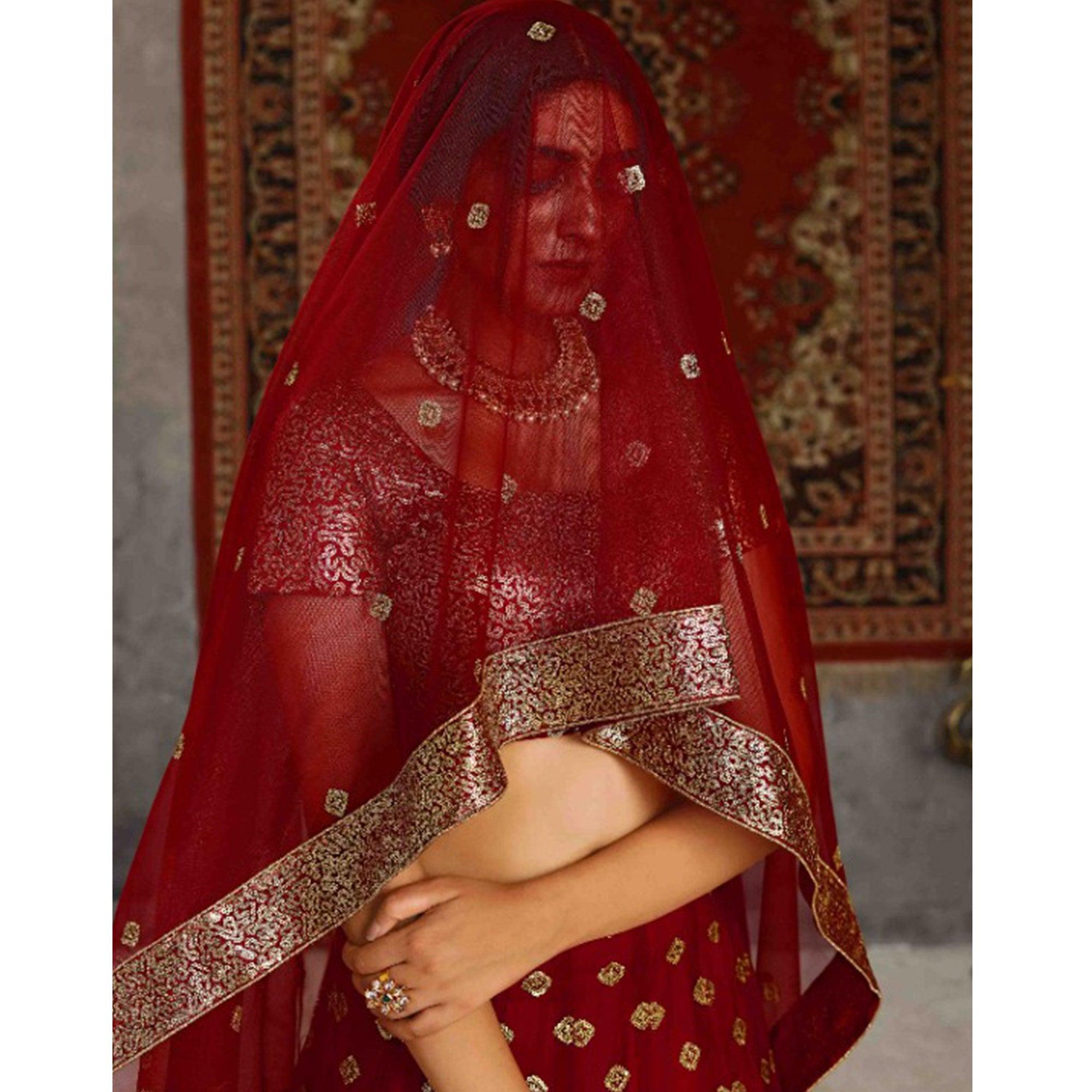 Red Wedding Wear Sequence Embroidered Net Lehenga Choli - Peachmode