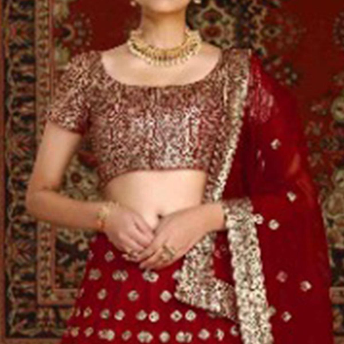Red Wedding Wear Sequence Embroidered Net Lehenga Choli - Peachmode