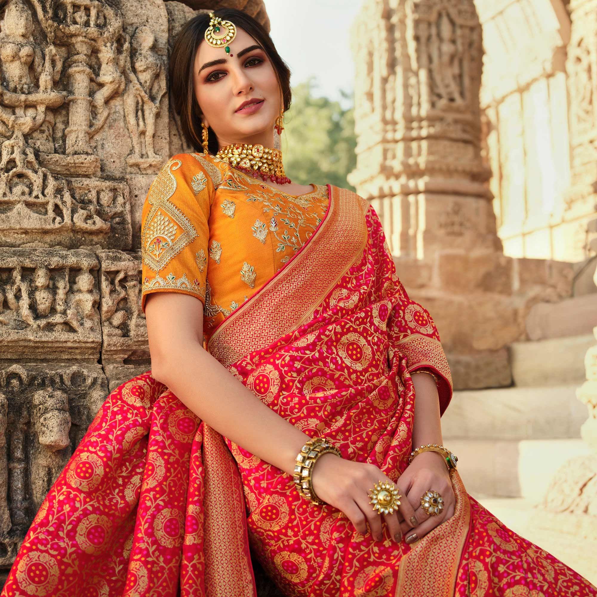 Red Wedding Wear Woven Silk Saree With Tassels - Peachmode