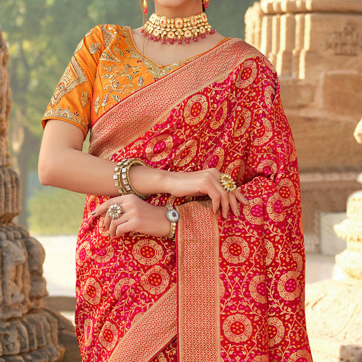 Red Wedding Wear Woven Silk Saree With Tassels - Peachmode