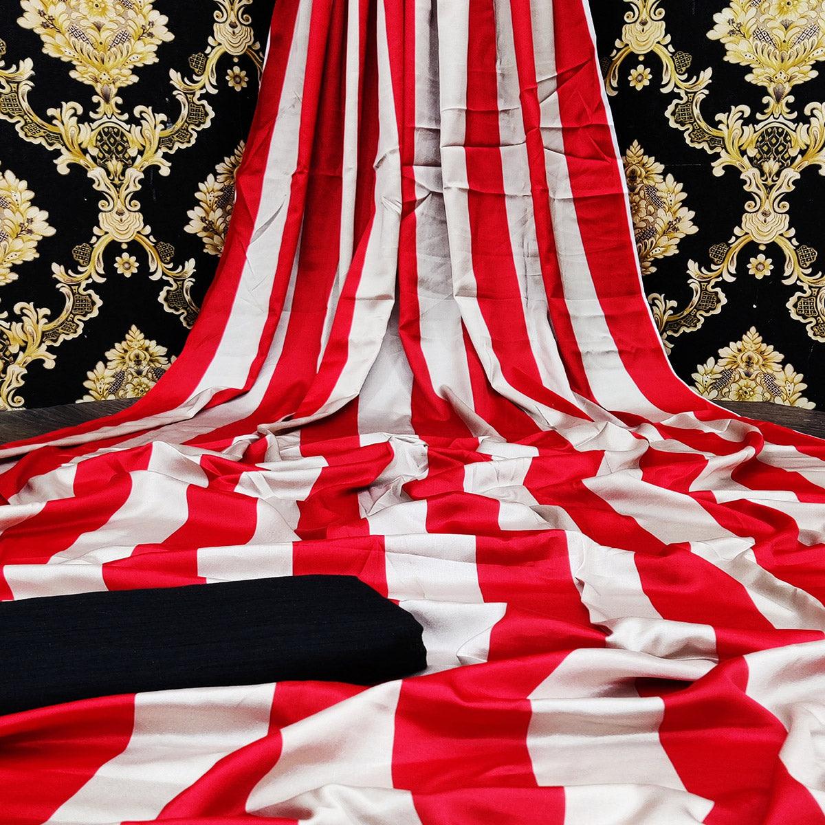 Red-White Casual Wear Stripes Digital Printed Satin Saree - Peachmode