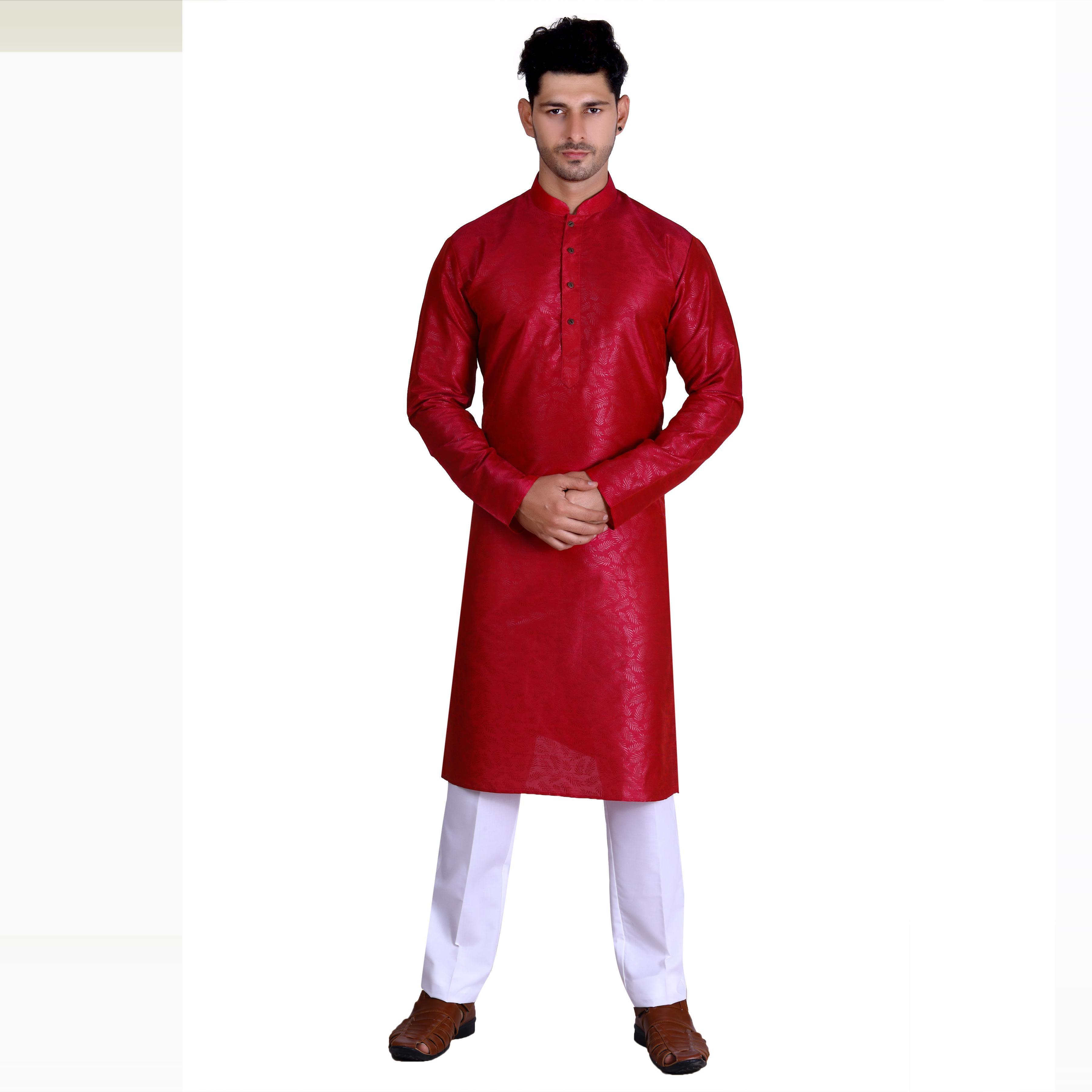 Red Woven Art Silk Men's Kurta Pyjama Set - Peachmode